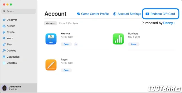Account tab Mac app store