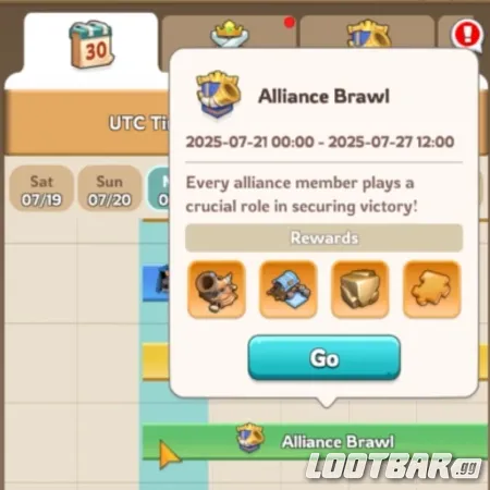  Kingshot Alliance Brawl event schedule showing start and end dates, event rewards, and a reminder that every alliance member plays a crucial role.