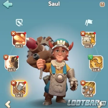 Close-up of Kingshots hero Saul with skill icons and ability levels, showcasing why he’s a top-tier pick during Kingshot Hero Roulette for high-value shard investment.
