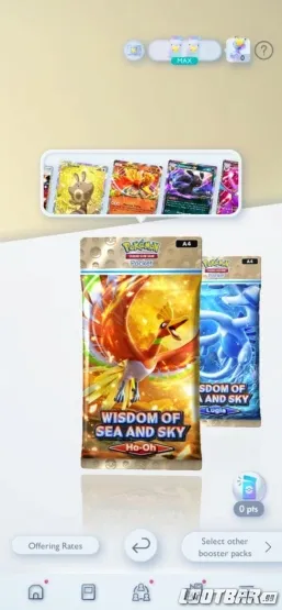 Opening the Ho-Oh Wisdom of Sea and Sky booster pack in Pokémon TCG Pocket.