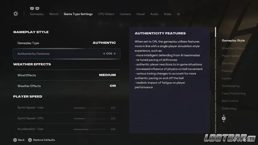 Paramètres de préréglage de jeu authentique dans FC 26 (Electronic Arts)