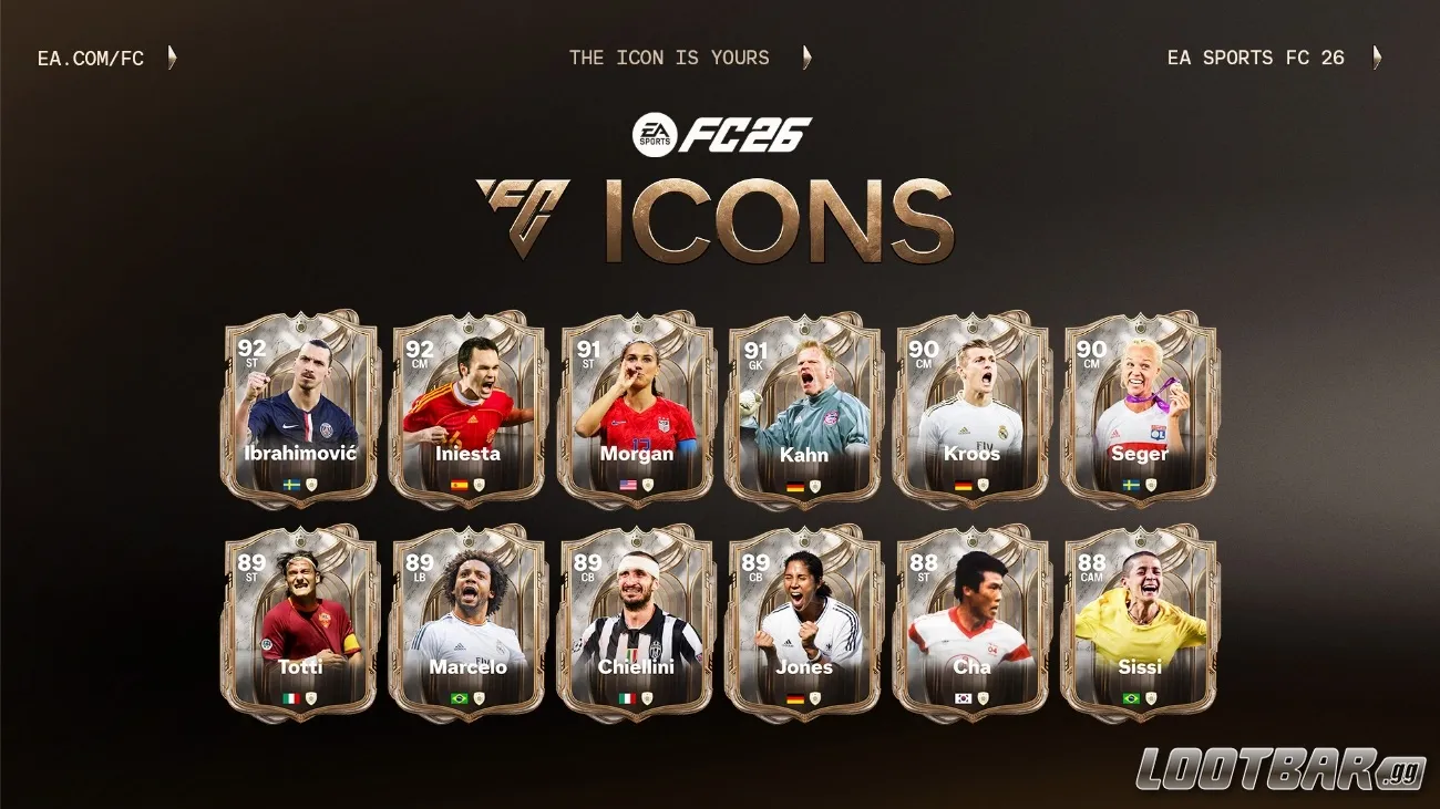 Composition officielle des icônes FC 26 avec Iniesta, Ibrahimović, Morgan, Marcelo, et plus.