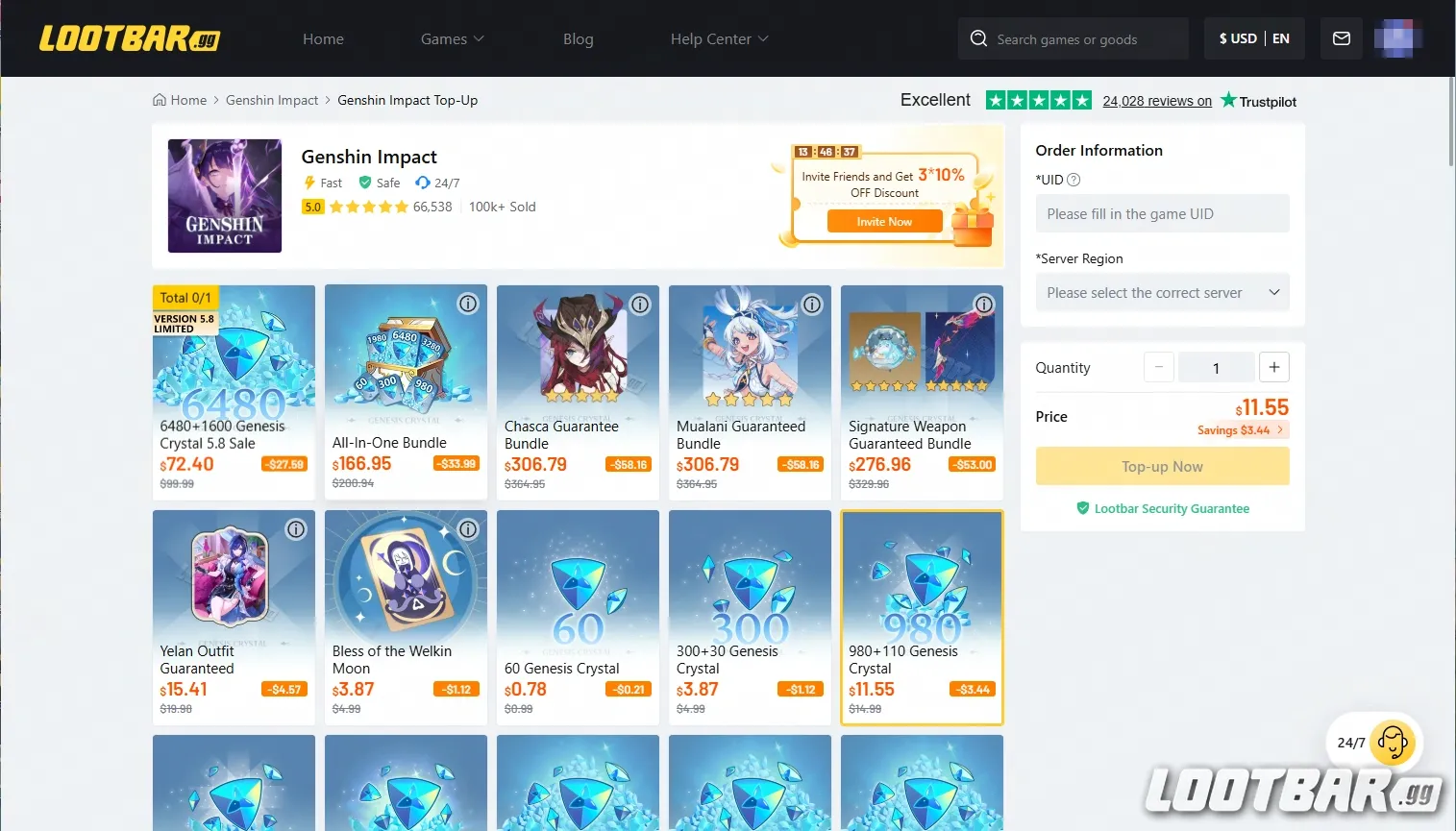 Loot Bar Genshin Impact Top up Page