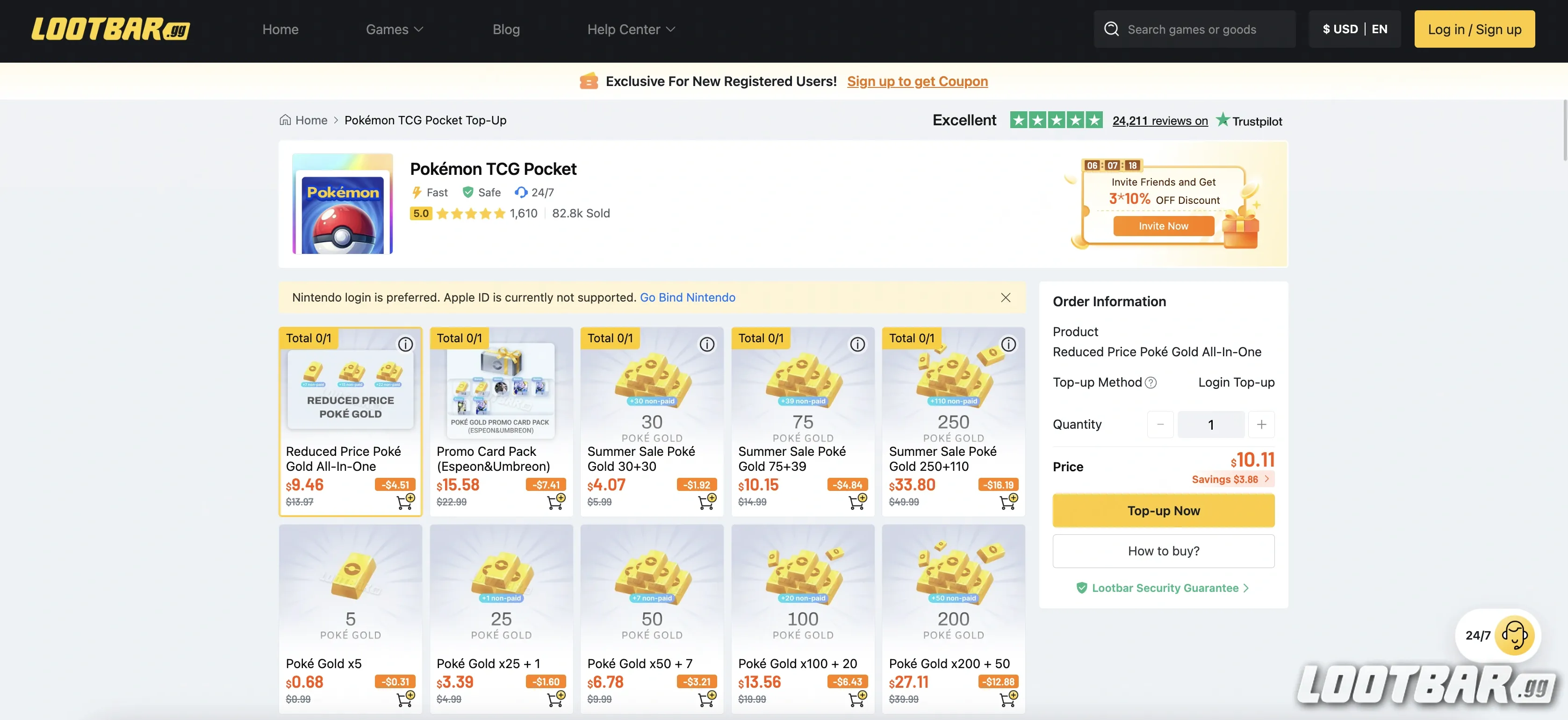 LootBar’s Pokémon TCG Pocket top up page.