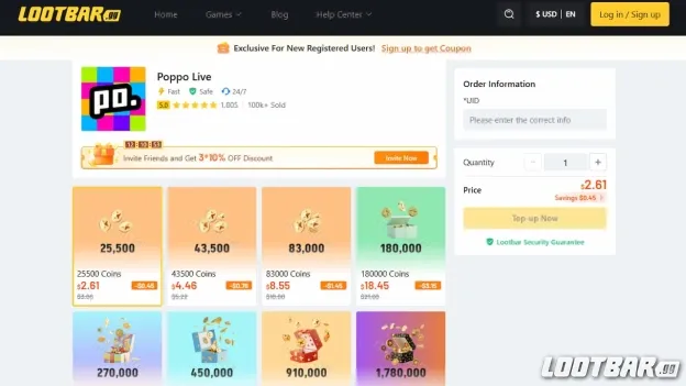 LootBar’s Poppo Live top up page.
