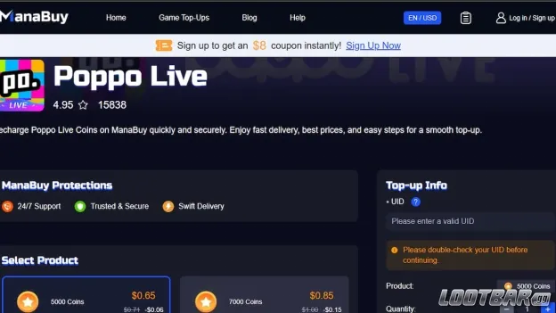 ManaBuy’s Poppo Live top up page.