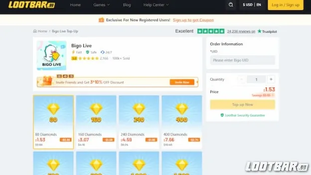 LootBar’s Bigo Live top up page.