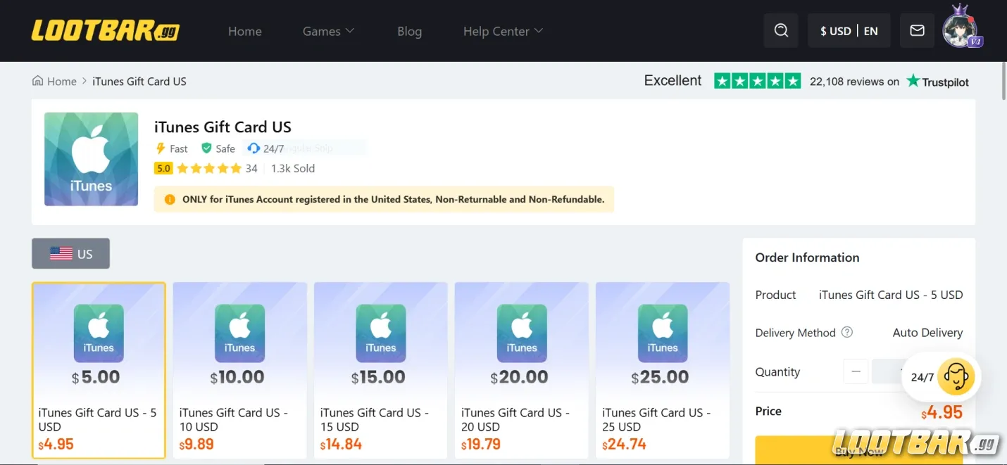  LootBar iTunes Gift Card US page