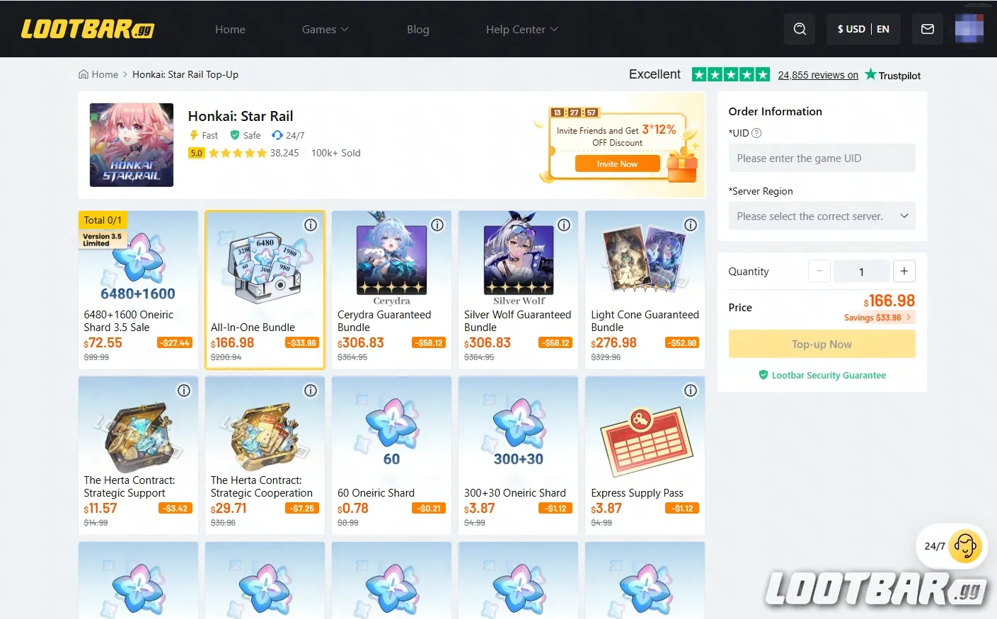 LootBar Honkai: Star Rail Top-Up Page