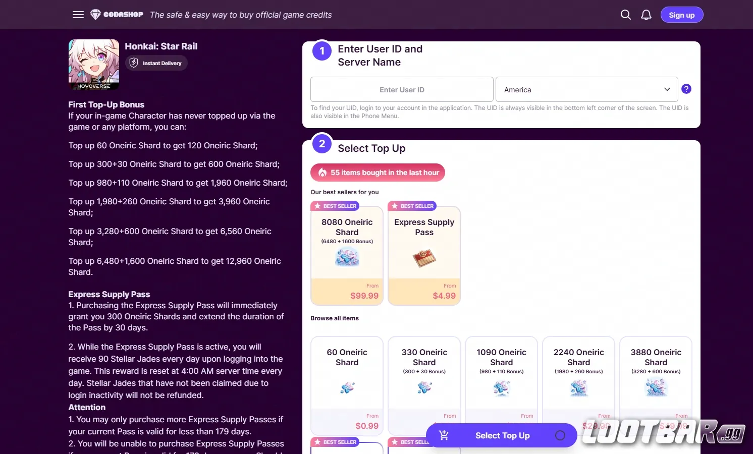 Codashop Honkai Star Rail Top up Page