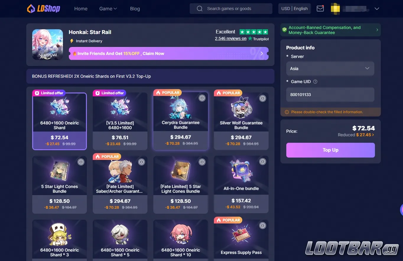 Ld Shop Honkai Star Rail top-up Page