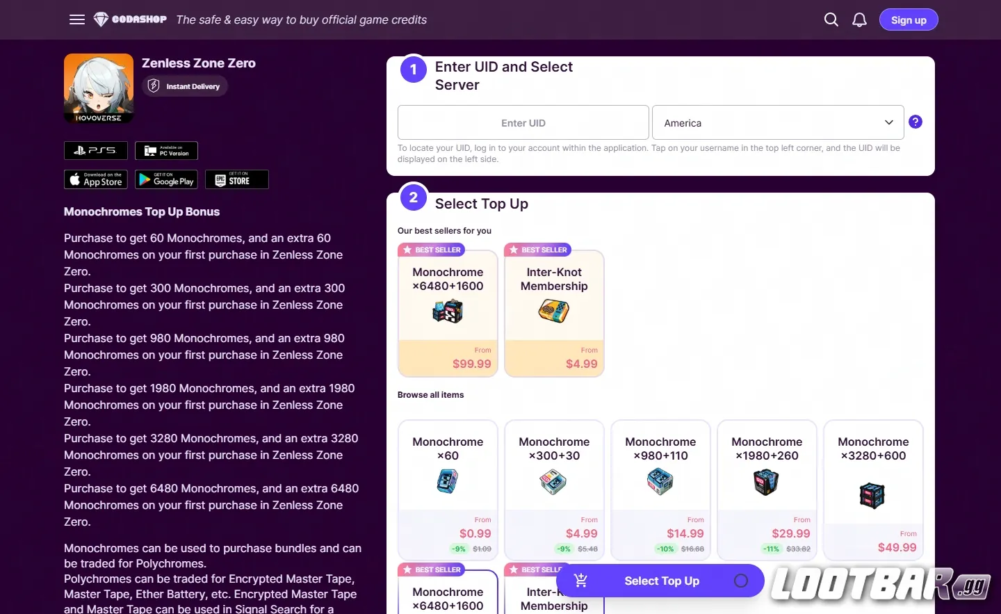Codashop Zenless Zone Zero Top up Page