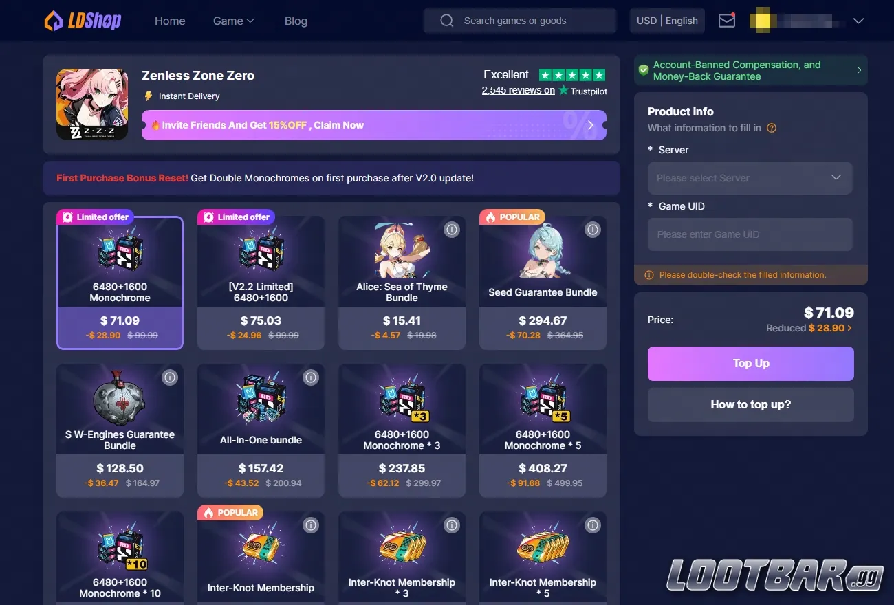 Ld Shop Zenless Zone Zero Top up Page