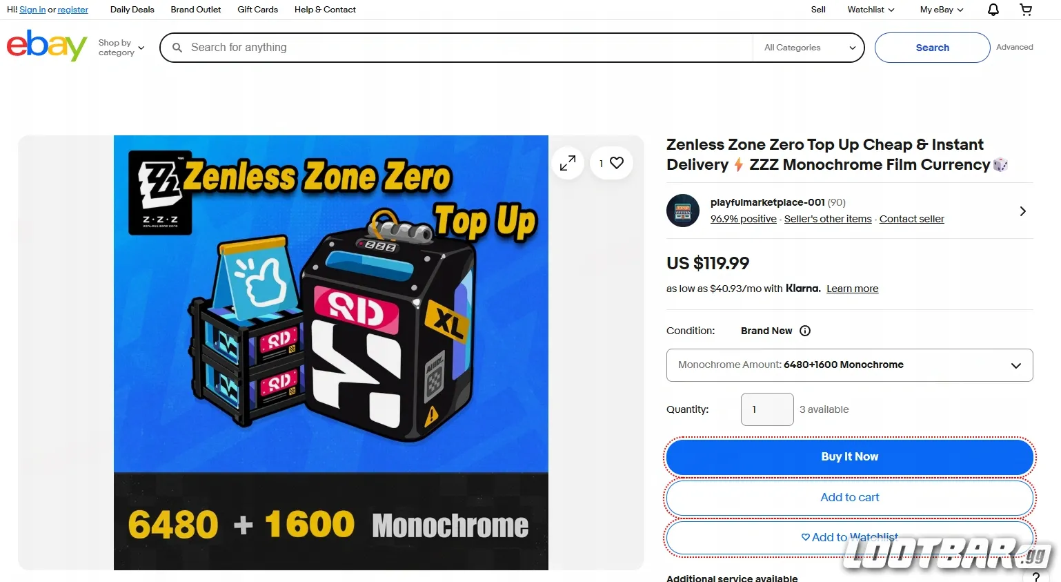 eBay Zenless Zone Zero Top up Page