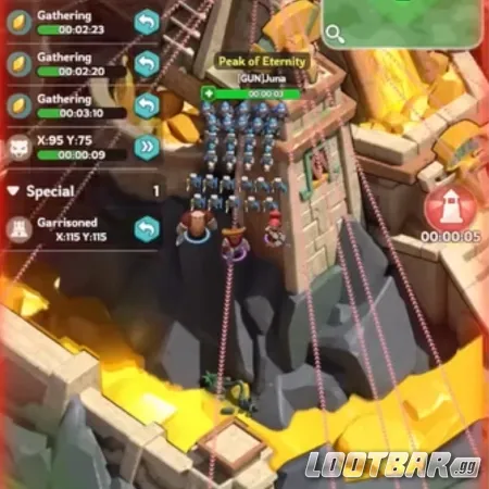 Jugabilidad de Kingshot Eternity Reach mostrando las tropas marchando hacia la Cima de la Eternidad.