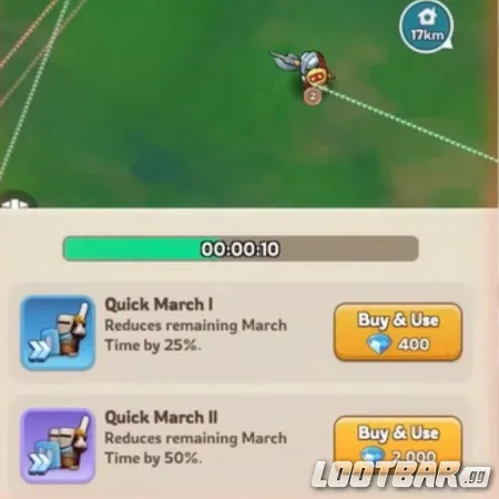 Jugabilidad de Kingshot Eternity Reach mostrando el temporizador de marcha de las tropas