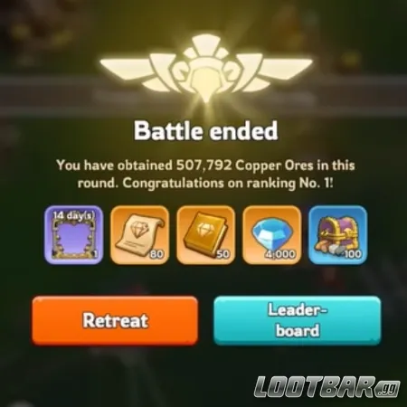 Resultado de la batalla en Kingshot Eternity Reach mostrando recompensas de mineral de cobre