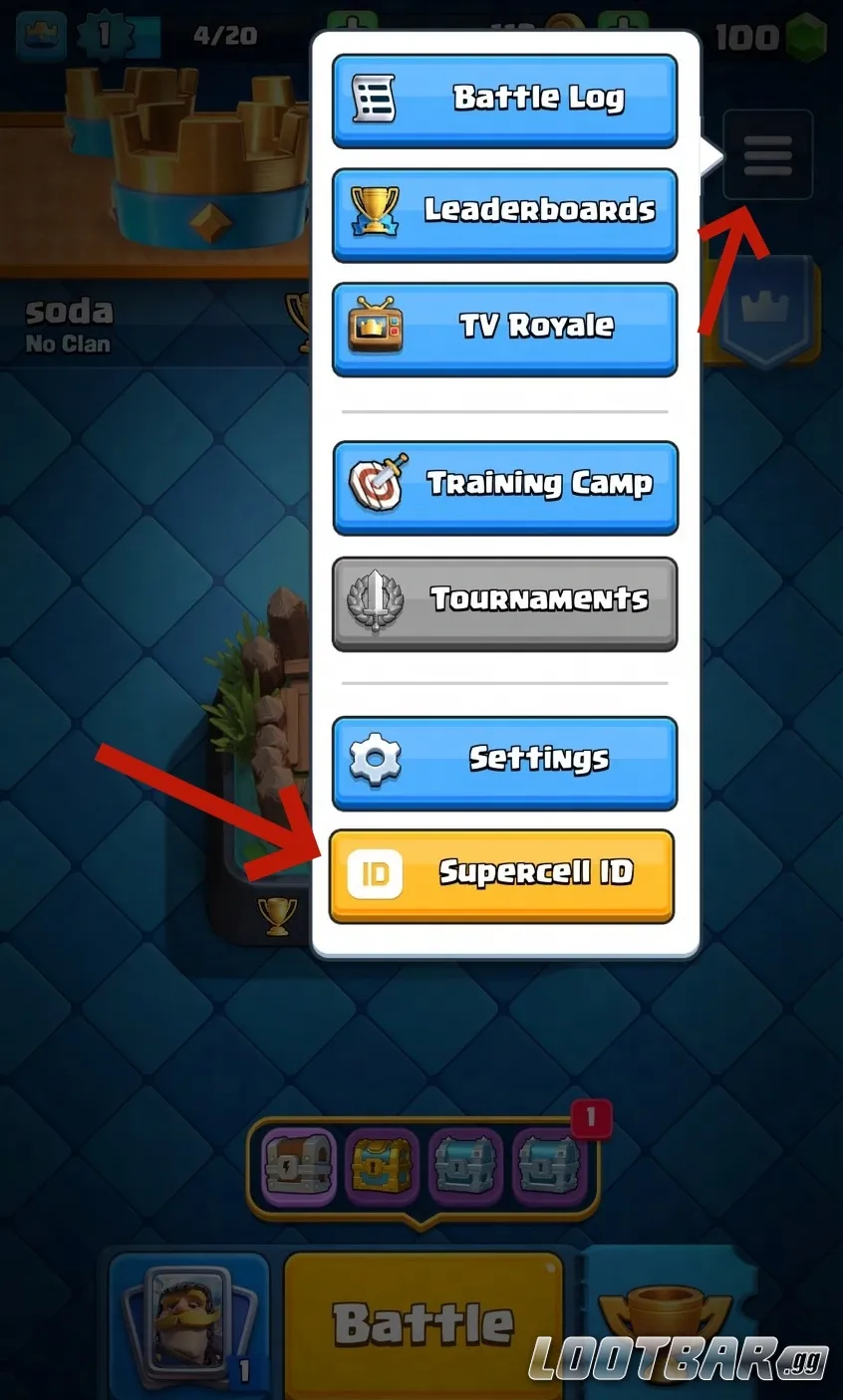 *(Image shows arrows pointing to the Menu and Supercell ID buttons in Clash Royale.)*  