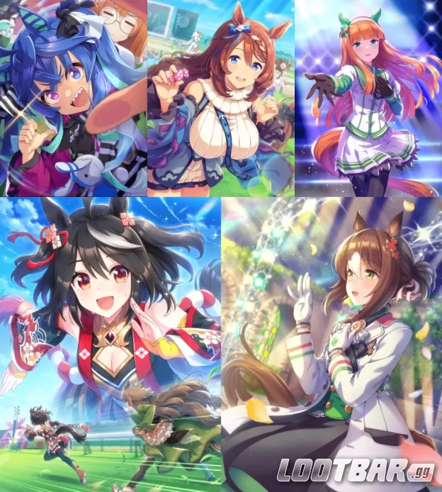 Silence Suzuka, Kitasan Black, Supper Creek, Fine Motion, and Twin Turbo in-game portraits collaged.