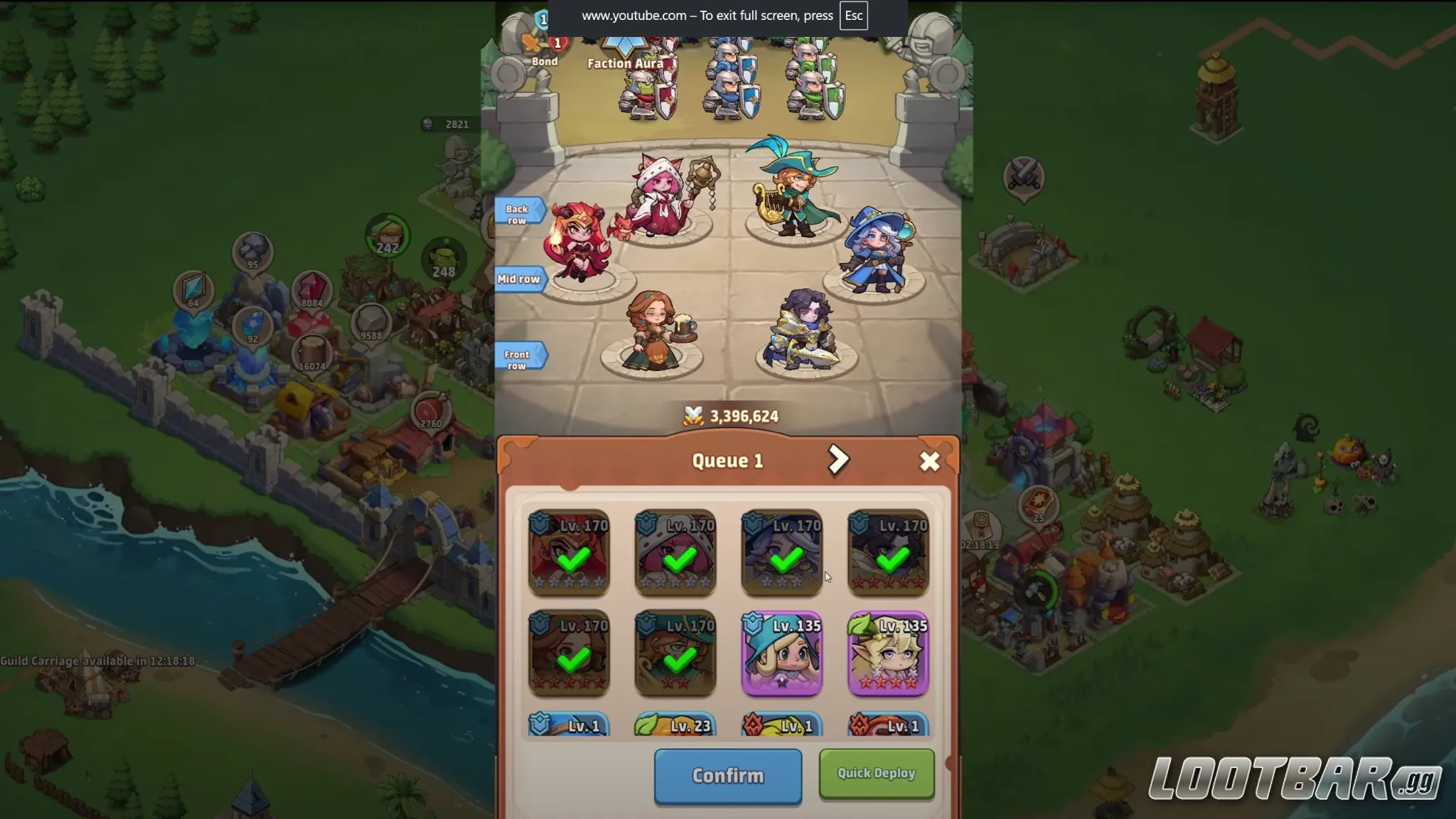 a 5-character team lineup on a 3x3 grid with total power 3,396,624 and hero selection menu below.