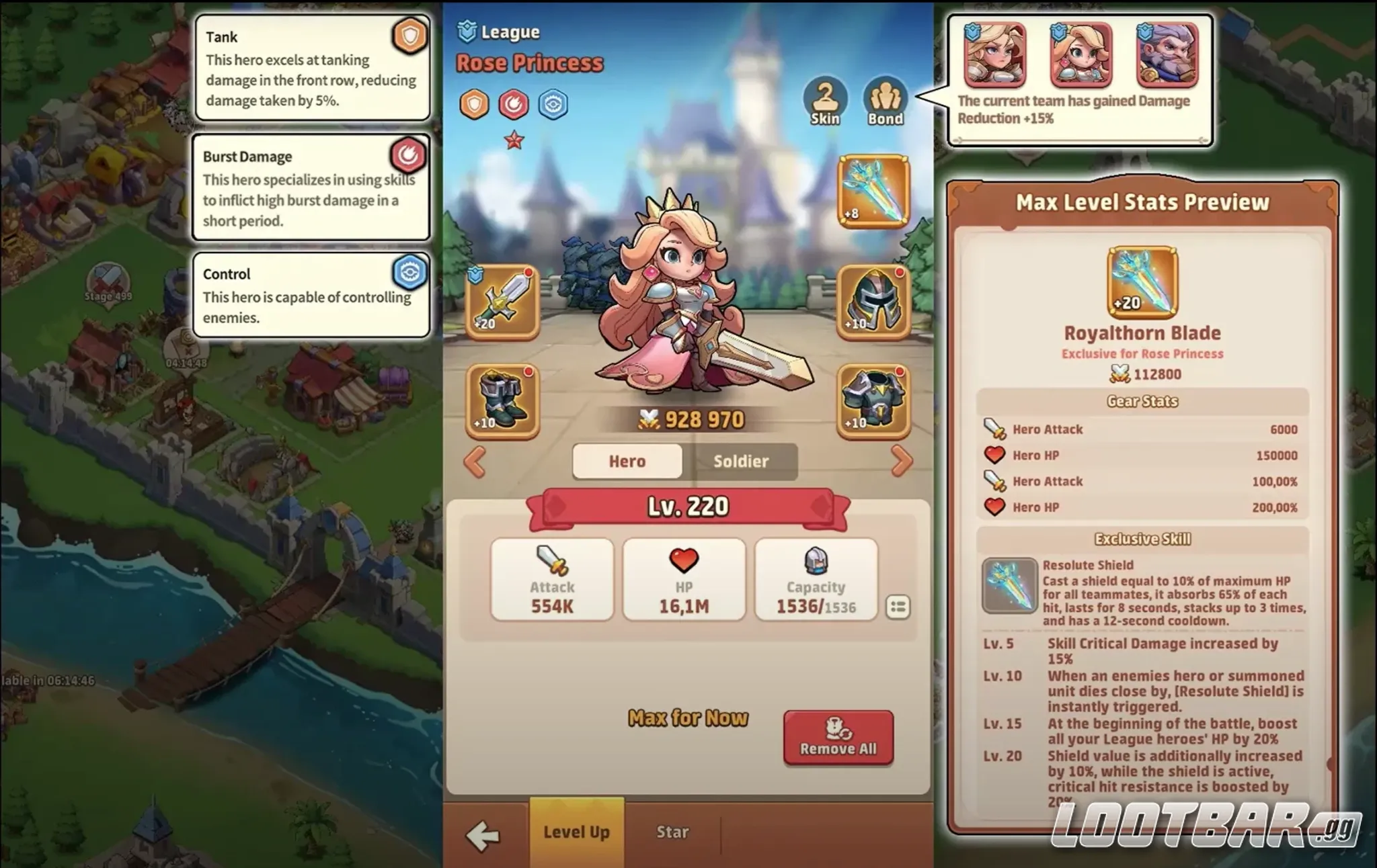 “Rose Princess” at level 220 with 928,970 power.