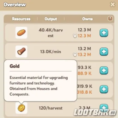 Resumen de recursos de Kingshot mostrando el oro