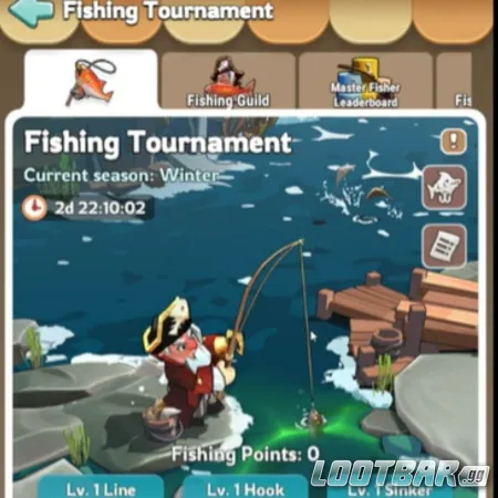 Pantalla del torneo de pesca Kingshot mostrando al personaje del jugador