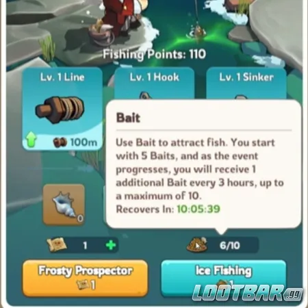 Equipo del evento de pesca Kingshot mostrando el cebo