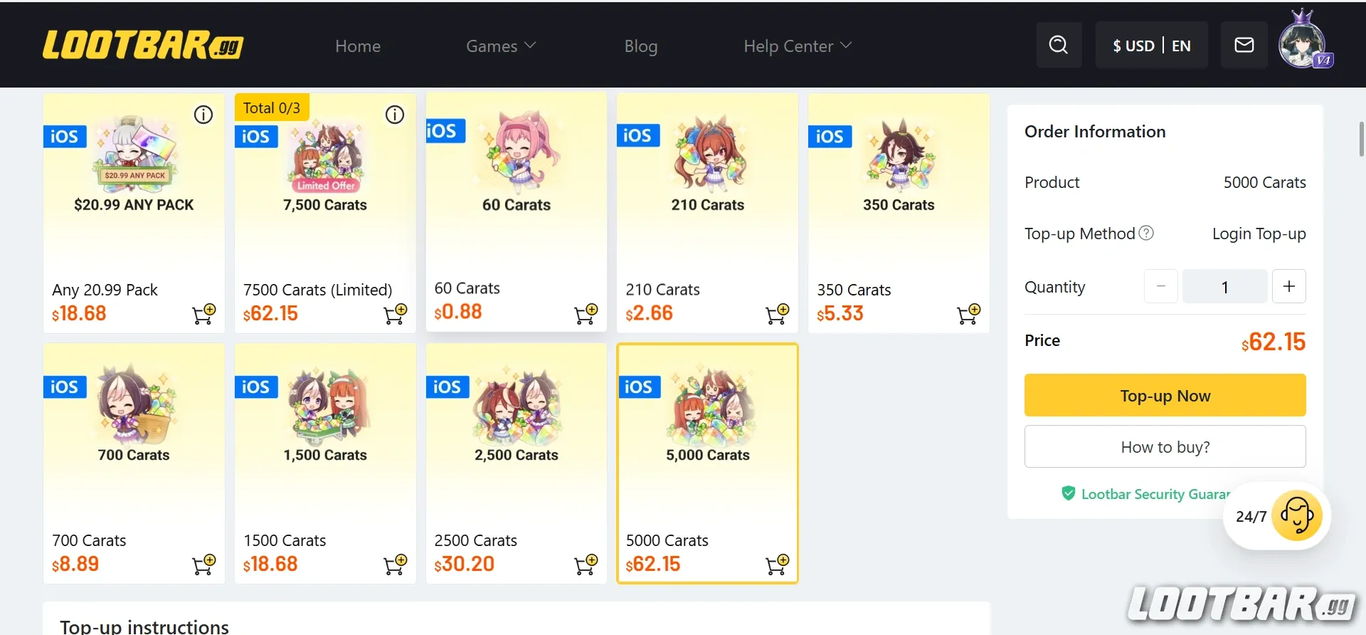 Uma Musume Lootbar Top up Page