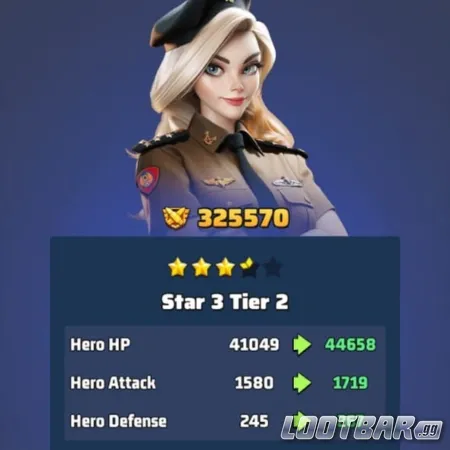 Last War Hero Profile at Star 3 Tier 2 Showing Hero Stats
