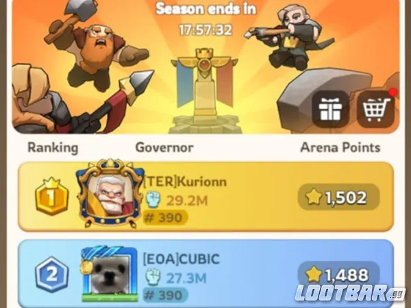 Tabla de clasificación de la Arena de la Gloria en Kingshot mostrando a los jugadores mejor posicionados y sus puntos.