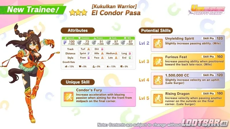 Umamusume: Pretty Derby - El Condor Pasa (Kukulkan Warrior) Trainee Attributes, Unique Skills, and Potential Skills by Lootbar.gg