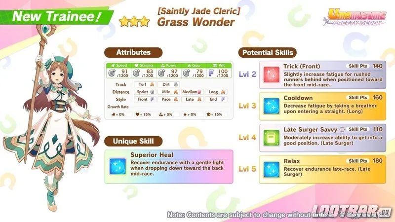 Umamusume: Pretty Derby - Grass Wonder (Saintly Jade Cleric) Trainee Attributes, Unique Skills, and Potential Skills by Lootbar.gg