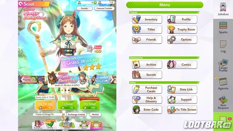 Umamusume: Pretty Derby - Grass Wonder (Saintly Jade Cleric) Trainee Spotlight and Pretty Derby Scout Banner by Lootbar.gg