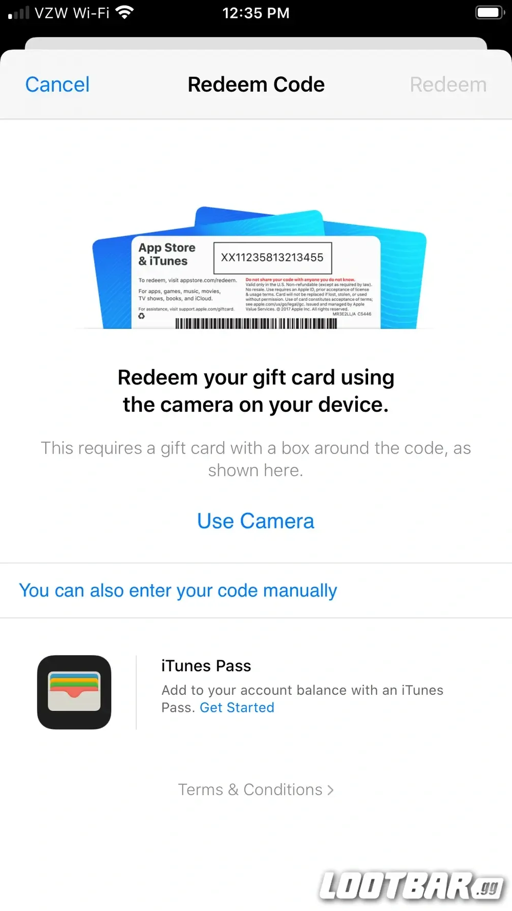 Redeeming an Apple gift card using the iPhone camera or code 