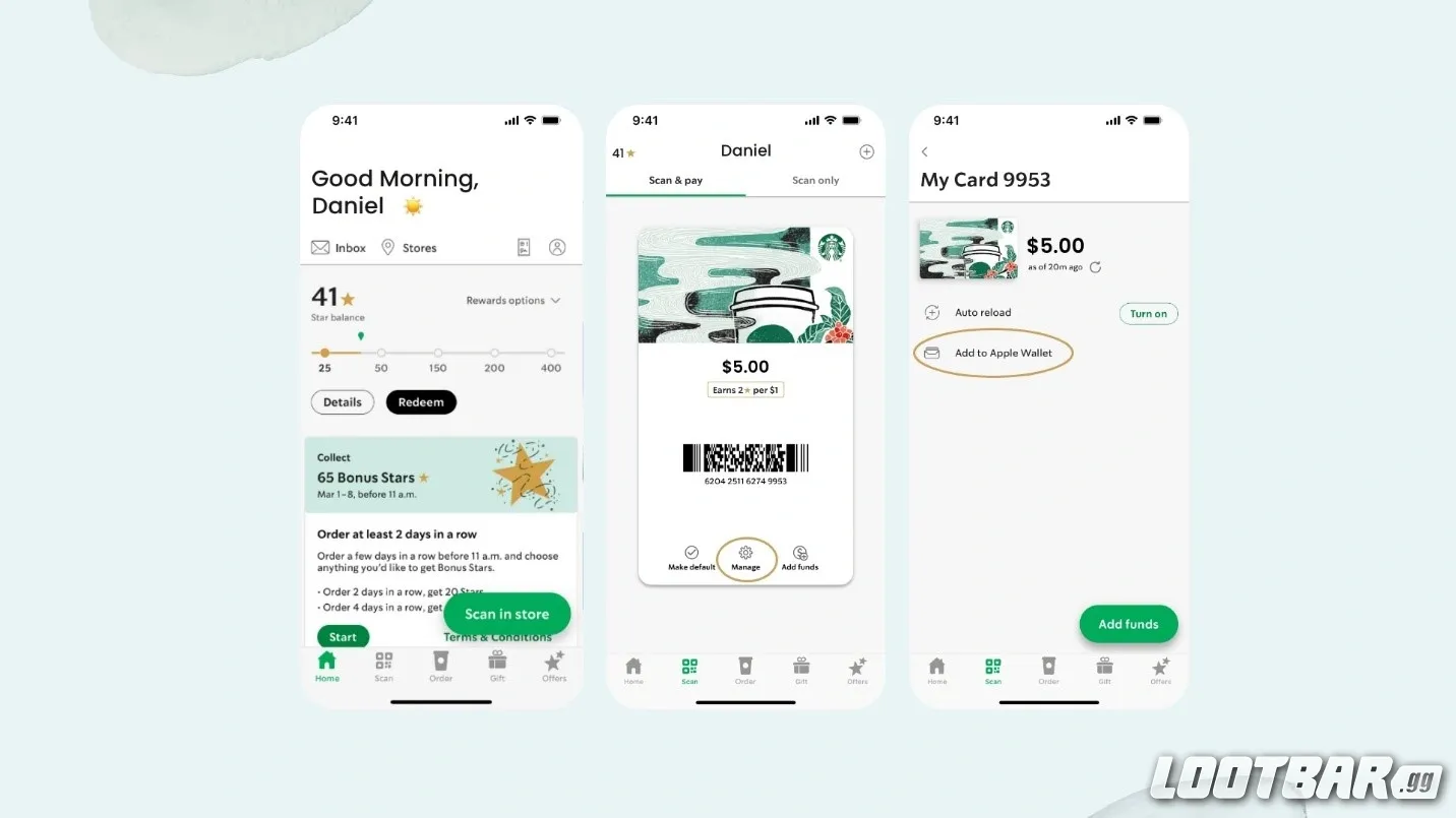 Adding a Starbucks gift card to Apple Wallet through the retailer app interface