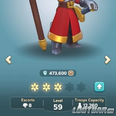 キングショット・ジャベルのヒーロー強化画面でレベルアップの進行状況を表示