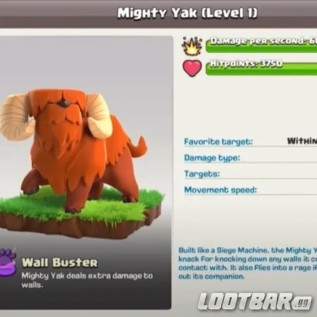 Yak Poderoso en Clash of Clans, una mascota poderosa que ayuda a los héroes a romper muros y despejar caminos durante los ataques