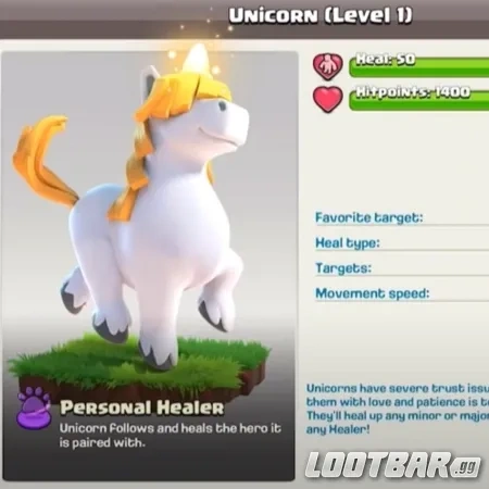 Unicornio en Clash of Clans, una mascota sanadora que sigue a los héroes y restaura su salud durante las batallas