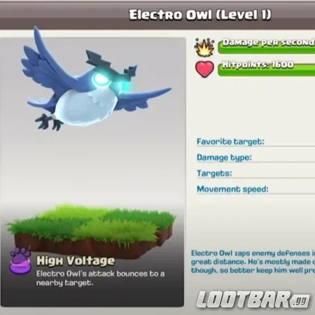 Búho Eléctrico en Clash of Clans, una mascota voladora que ataca a distancia y causa daño de rayo en cadena a varios objetivos