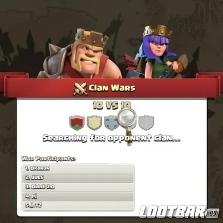 Pantalla de Clash of Clans mostrando el proceso de emparejamiento de la Liga de Guerras de Clanes mientras busca un clan oponente.