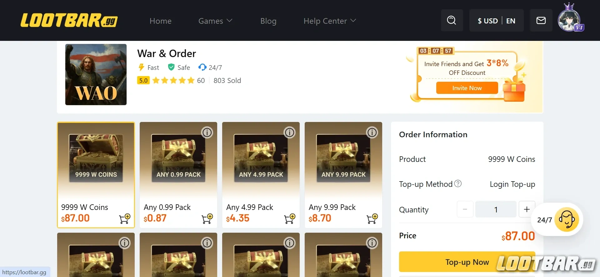War and Order Lootbar Page