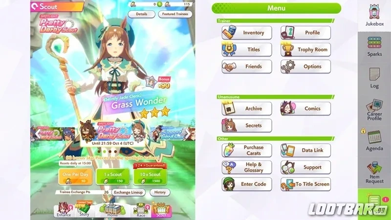 Umamusume: Pretty Derby - Grass Wonder (Saintly Jade Cleric) Trainee Spotlight and Pretty Derby Scout Banner by Lootbar.gg