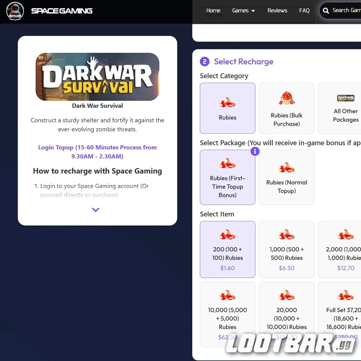 Spacegaming Dark War Survival Purchase Options