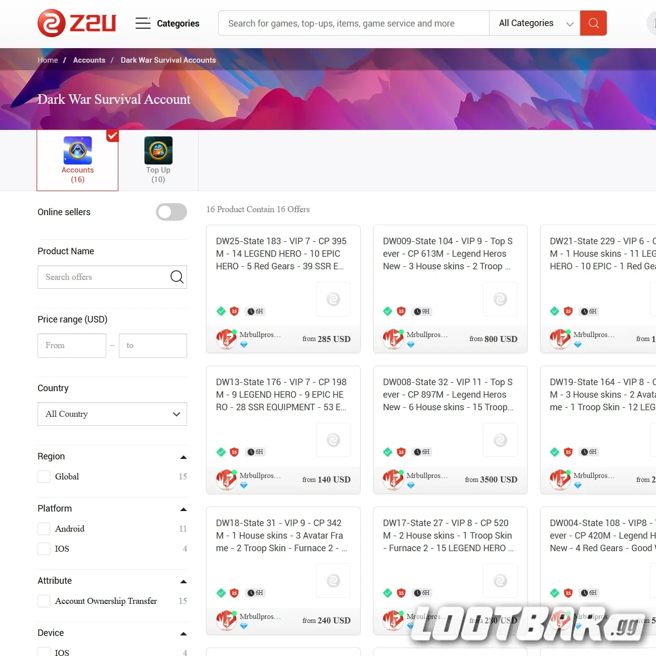 Z2U Dark War Survival Purchase Options