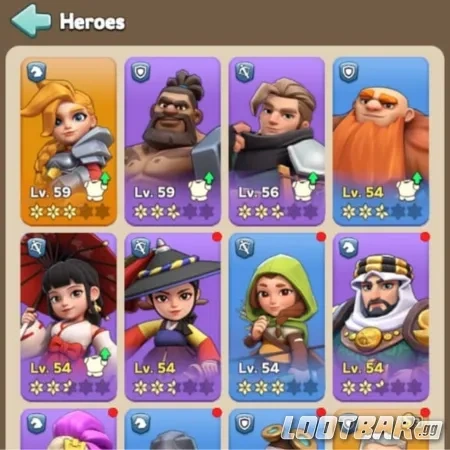 キングショットヒーローズのラインナップでは、さまざまなヒーロータイプ、レベル、バトルや育成で利用可能なスキルが表示されます