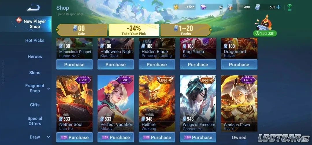 Honor of Kings in-game skin store image