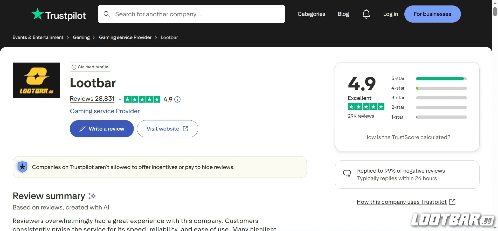 Lootbar on trustpilot image