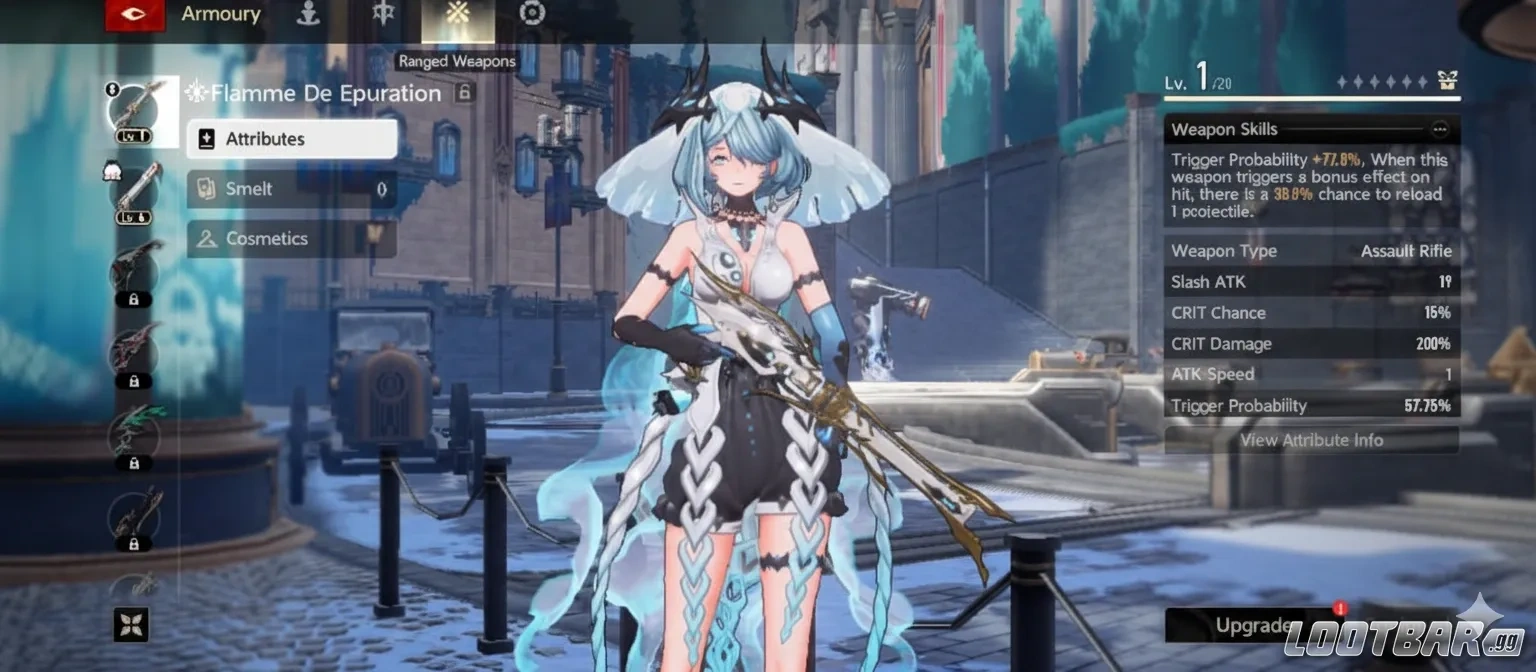 《雙生夜狩》角色畫面中顯示女性角色Rebecca，裝備著Flamme De Epuration突擊步槍及武器屬性。