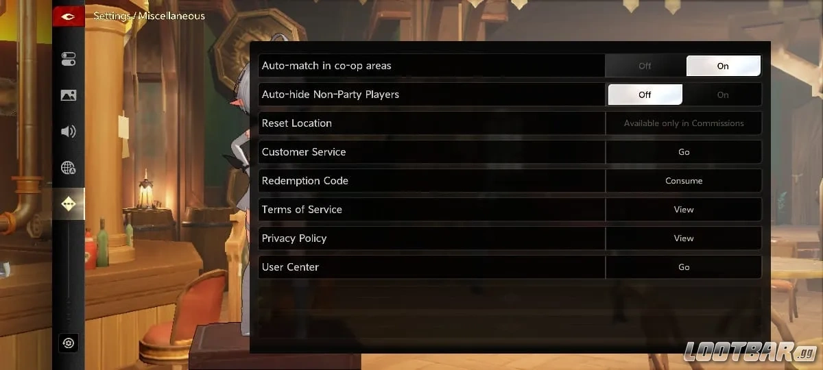 Game settings screen showing Miscellaneous options like Redemption Code.